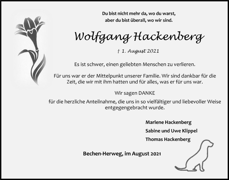  Traueranzeige für Wolfgang Hackenberg vom 27.08.2021 aus  Bergisches Handelsblatt 