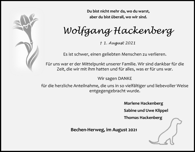  Traueranzeige für Wolfgang Hackenberg vom 28.08.2021 aus Kölner Stadt-Anzeiger / Kölnische Rundschau / Express