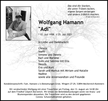 Anzeige von Wolfgang Hamann von  Blickpunkt Euskirchen 
