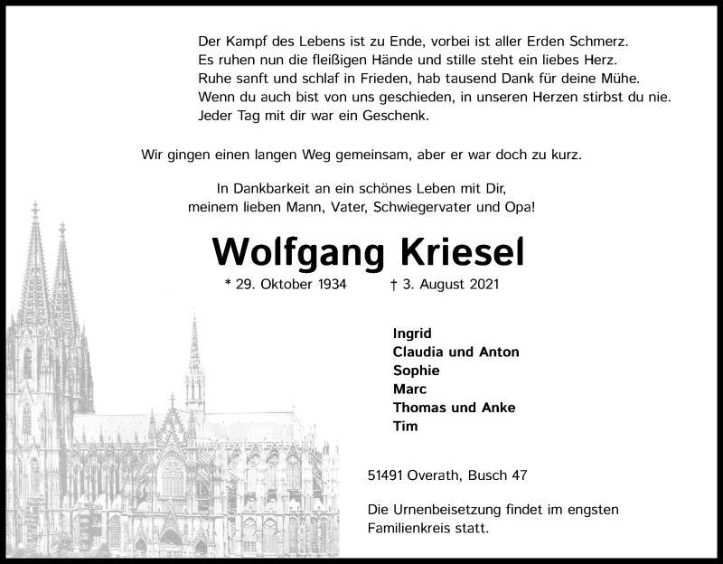  Traueranzeige für Wolfgang Kriesel vom 07.08.2021 aus Kölner Stadt-Anzeiger / Kölnische Rundschau / Express