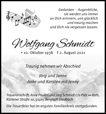 Anzeige von Wolfgang Schmidt von Kölner Stadt-Anzeiger / Kölnische Rundschau / Express