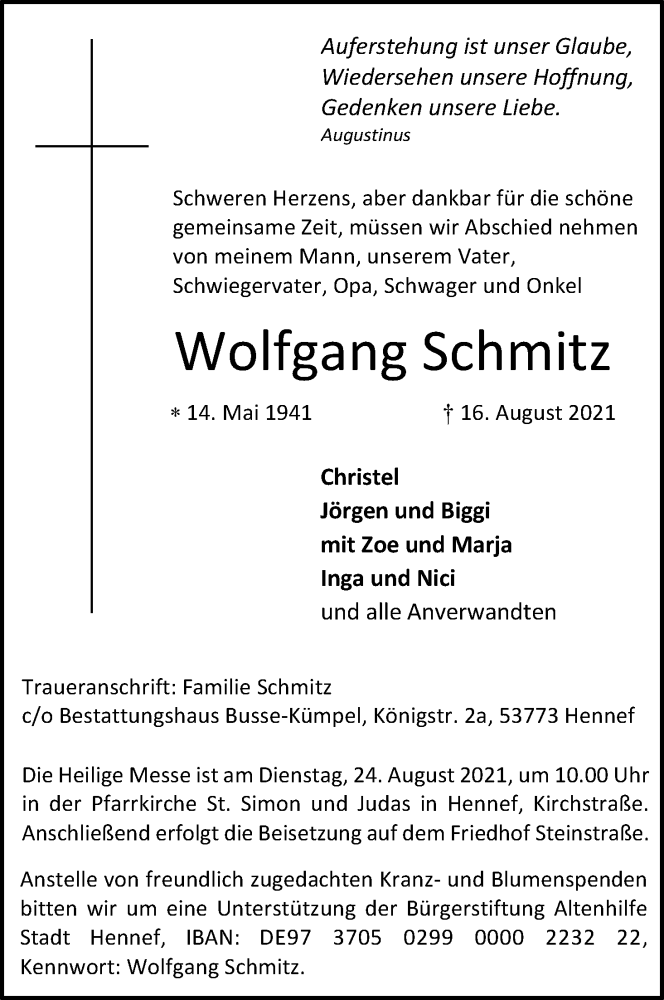  Traueranzeige für Wolfgang Schmitz vom 21.08.2021 aus Kölner Stadt-Anzeiger / Kölnische Rundschau / Express