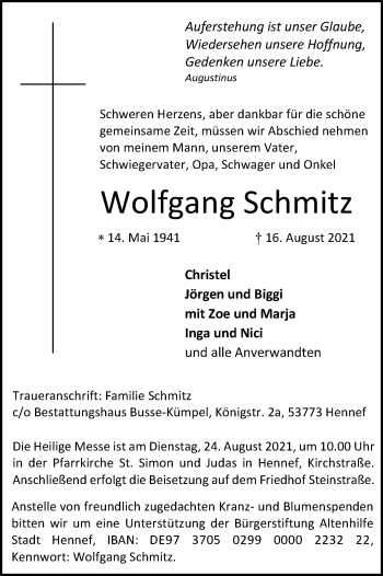 Anzeige von Wolfgang Schmitz von Kölner Stadt-Anzeiger / Kölnische Rundschau / Express