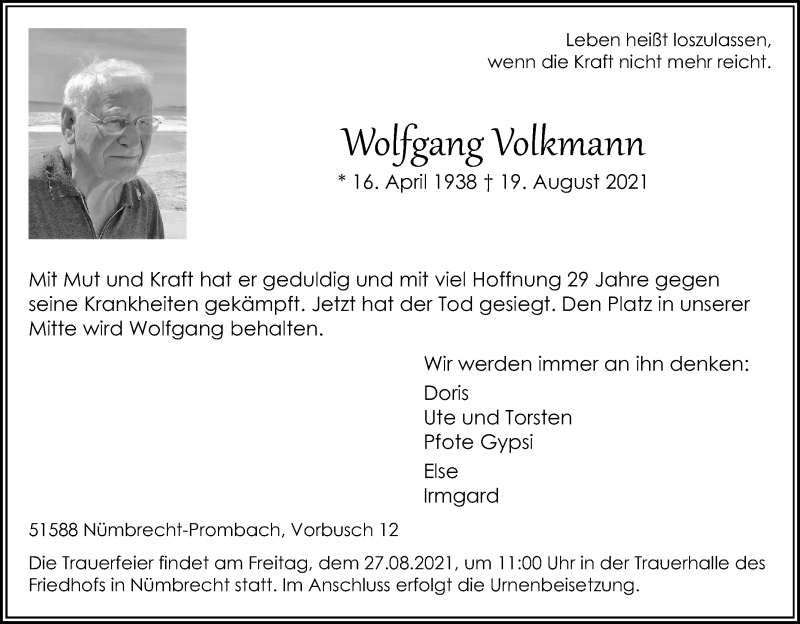  Traueranzeige für Wolfgang Volkmann vom 21.08.2021 aus Kölner Stadt-Anzeiger / Kölnische Rundschau / Express