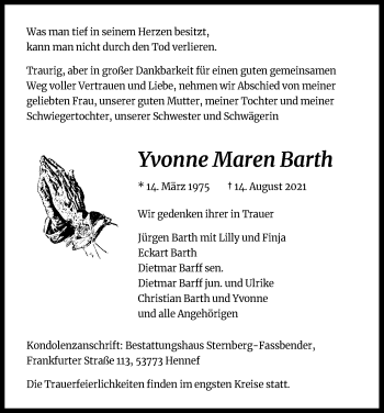 Anzeige von Yvonne Maren Barth von Kölner Stadt-Anzeiger / Kölnische Rundschau / Express