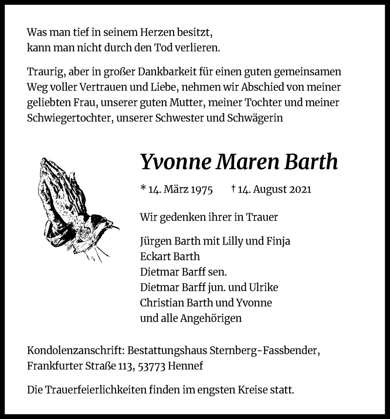  Traueranzeige für Yvonne Maren Barth vom 18.08.2021 aus Kölner Stadt-Anzeiger / Kölnische Rundschau / Express