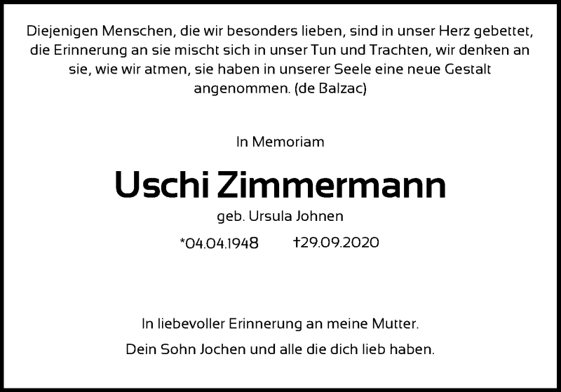  Traueranzeige für Uschi Zimmermann vom 25.09.2021 aus 	Kölner Stadt-Anzeiger / Kölnische Rundschau / Express
