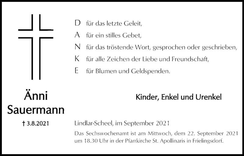  Traueranzeige für Änni Sauermann vom 18.09.2021 aus Kölner Stadt-Anzeiger / Kölnische Rundschau / Express