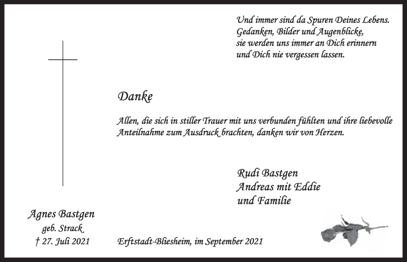  Traueranzeige für Agnes Bastgen vom 10.09.2021 aus  Werbepost 