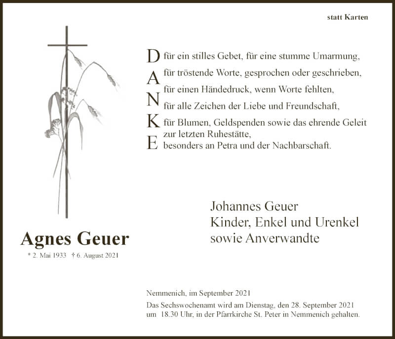  Traueranzeige für Agnes Geuer vom 18.09.2021 aus  Blickpunkt Euskirchen 