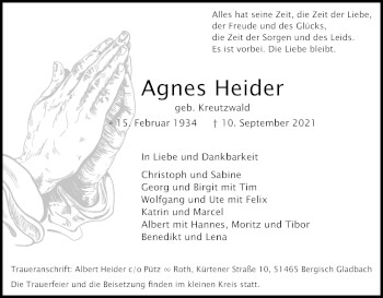 Anzeige von Agnes Heider von Kölner Stadt-Anzeiger / Kölnische Rundschau / Express
