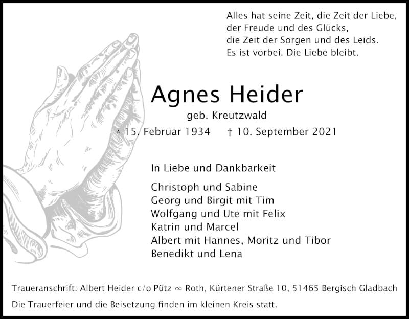  Traueranzeige für Agnes Heider vom 18.09.2021 aus Kölner Stadt-Anzeiger / Kölnische Rundschau / Express