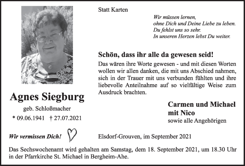  Traueranzeige für Agnes Siegburg vom 10.09.2021 aus  Werbepost 