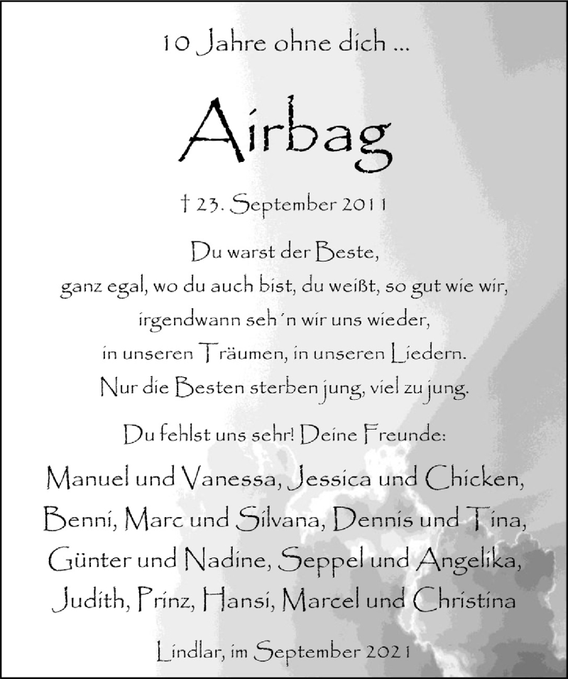  Traueranzeige für Airbag  vom 24.09.2021 aus  Anzeigen Echo 