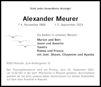 Anzeige von Alexander Meurer von Kölner Stadt-Anzeiger / Kölnische Rundschau / Express