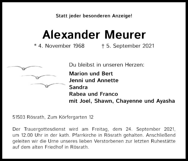  Traueranzeige für Alexander Meurer vom 18.09.2021 aus Kölner Stadt-Anzeiger / Kölnische Rundschau / Express