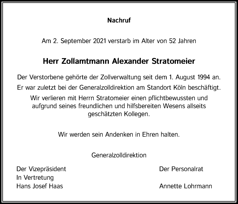  Traueranzeige für Alexander Stratomeier vom 15.09.2021 aus Kölner Stadt-Anzeiger / Kölnische Rundschau / Express
