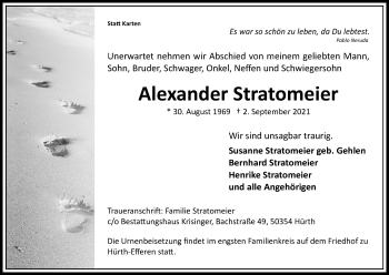 Anzeige von Alexander Stratomeier von Kölner Stadt-Anzeiger / Kölnische Rundschau / Express
