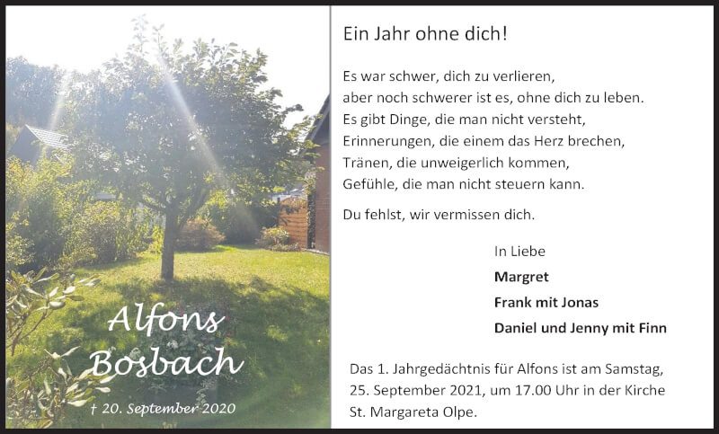  Traueranzeige für Alfons Bosbach vom 18.09.2021 aus Kölner Stadt-Anzeiger / Kölnische Rundschau / Express