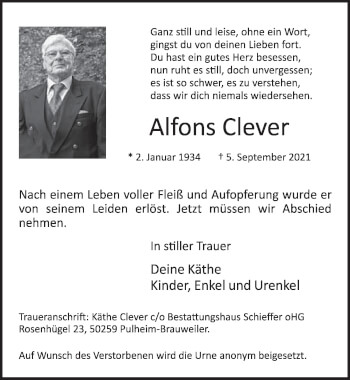 Anzeige von Alfons Clever von  Werbepost 