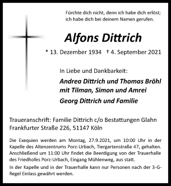 Anzeige von Alfons Dittrich von  Kölner Wochenspiegel 