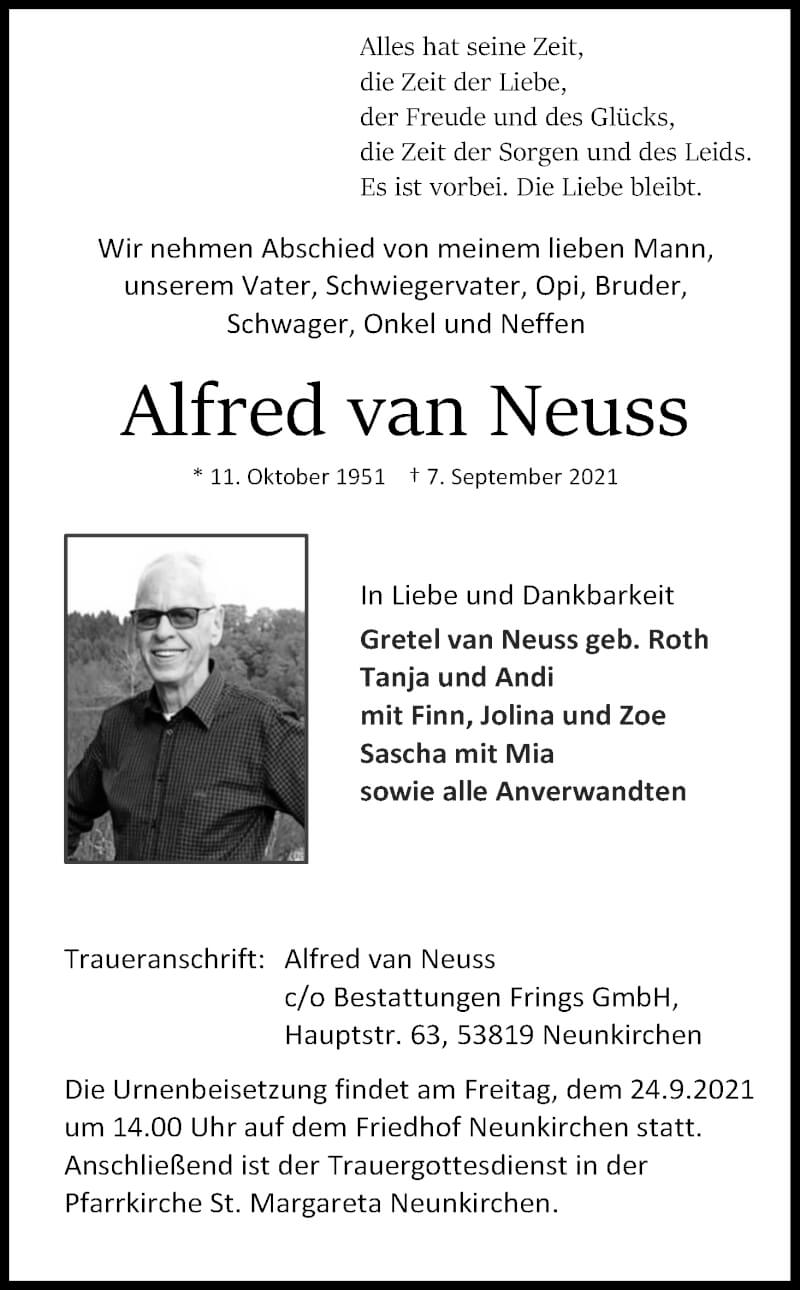  Traueranzeige für Alfre van Neuss vom 18.09.2021 aus Kölner Stadt-Anzeiger / Kölnische Rundschau / Express