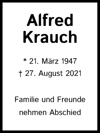 Anzeige von Alfred Krauch von Kölner Stadt-Anzeiger / Kölnische Rundschau / Express