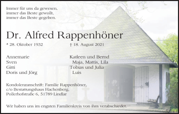 Anzeige von Alfred Rappenhöner von Kölner Stadt-Anzeiger / Kölnische Rundschau / Express