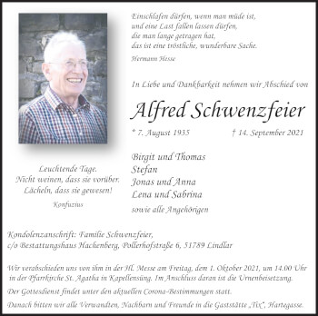 Anzeige von Alfred Schwenzfeier von Kölner Stadt-Anzeiger / Kölnische Rundschau / Express