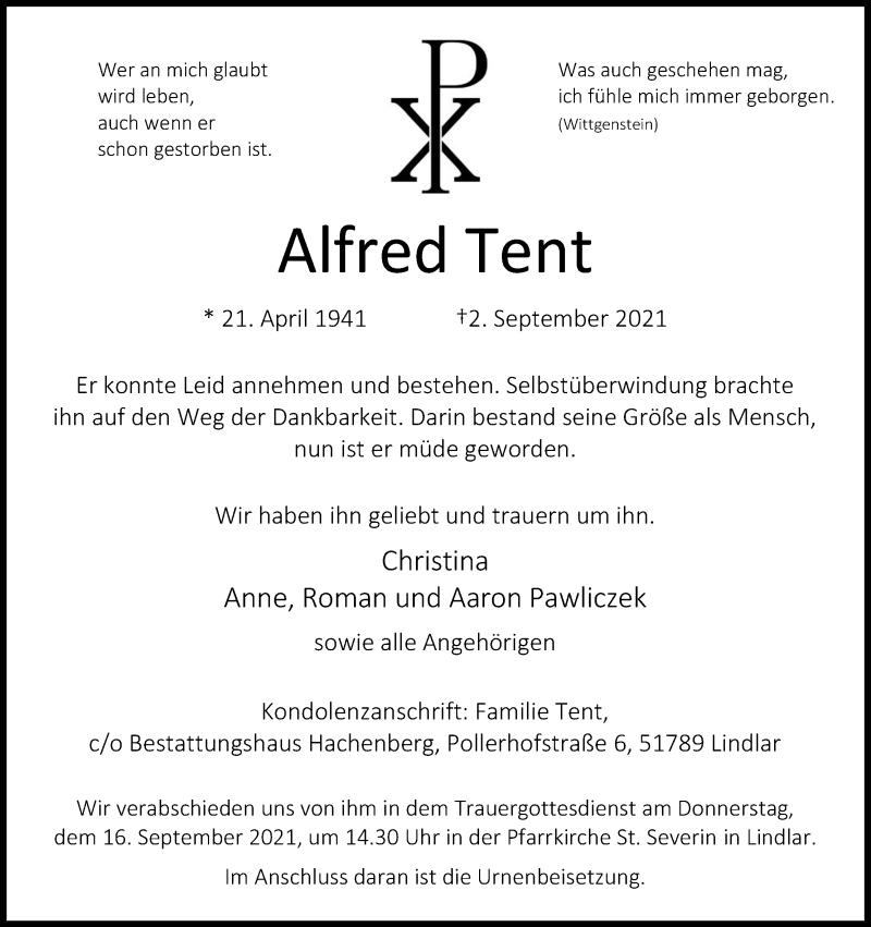  Traueranzeige für Alfred Tent vom 11.09.2021 aus Kölner Stadt-Anzeiger / Kölnische Rundschau / Express