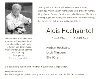 Anzeige von Alois Hochgürtel von  Blickpunkt Euskirchen 