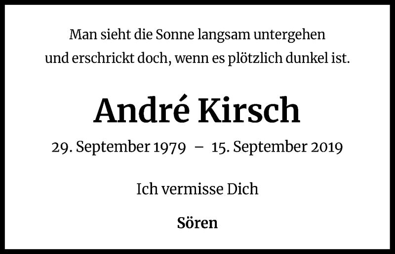  Traueranzeige für Andre Kirsch vom 15.09.2021 aus Kölner Stadt-Anzeiger / Kölnische Rundschau / Express