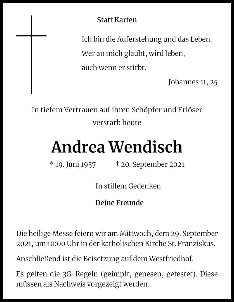  Traueranzeige für Andrea Wendisch vom 25.09.2021 aus Kölner Stadt-Anzeiger / Kölnische Rundschau / Express