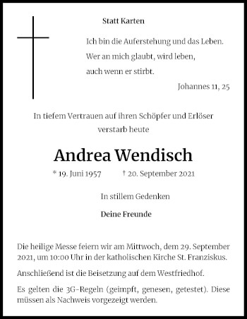 Anzeige von Andrea Wendisch von Kölner Stadt-Anzeiger / Kölnische Rundschau / Express