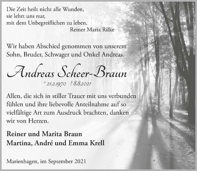  Traueranzeige für Andreas Scheer-Braun vom 01.10.2021 aus  Anzeigen Echo 