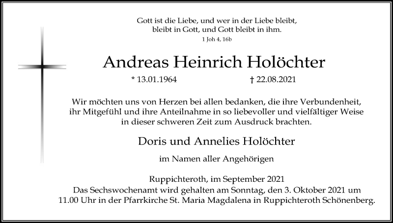  Traueranzeige für Andreas Heinrich Holöchter vom 15.09.2021 aus Kölner Stadt-Anzeiger / Kölnische Rundschau / Express