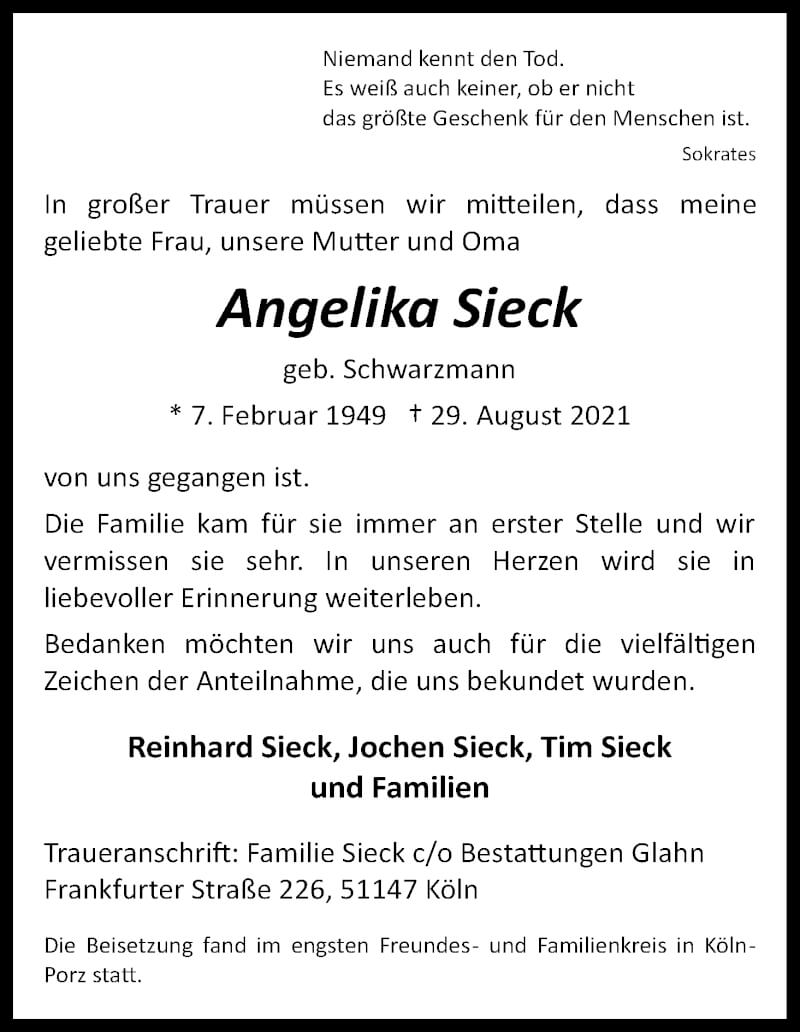  Traueranzeige für Angelika Sieck vom 18.09.2021 aus Kölner Stadt-Anzeiger / Kölnische Rundschau / Express