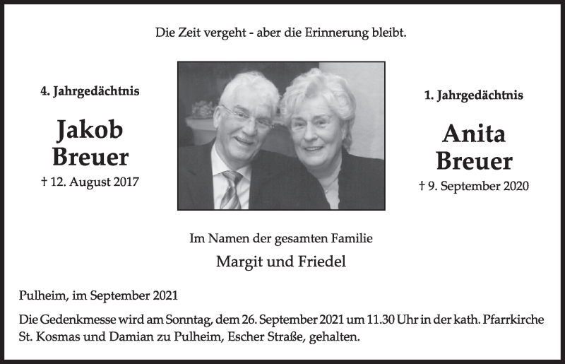  Traueranzeige für Anita Breuer vom 03.09.2021 aus  Wochenende 