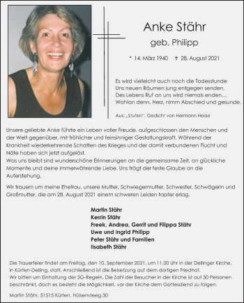 Anzeige von Anke Stähr von Kölner Stadt-Anzeiger / Kölnische Rundschau / Express