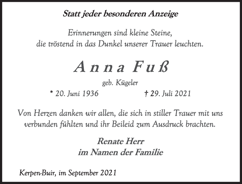  Traueranzeige für Anna Fuß vom 03.09.2021 aus  Werbepost 