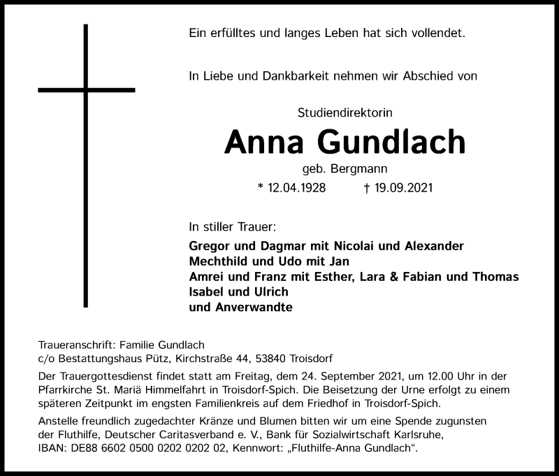  Traueranzeige für Anna Gundlach vom 22.09.2021 aus Kölner Stadt-Anzeiger / Kölnische Rundschau / Express