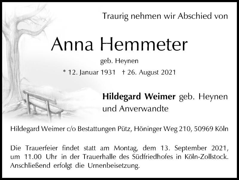  Traueranzeige für Anna Hemmeter vom 08.09.2021 aus Kölner Stadt-Anzeiger / Kölnische Rundschau / Express