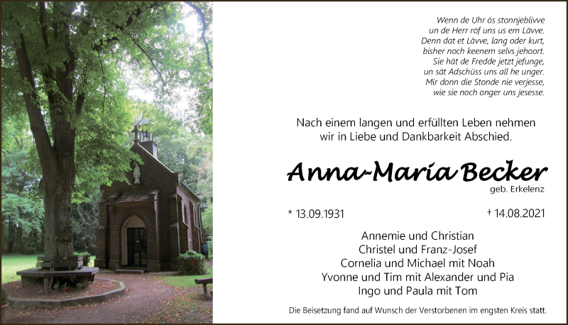  Traueranzeige für Anna-Maria Becker vom 03.09.2021 aus  Schlossbote/Werbekurier 