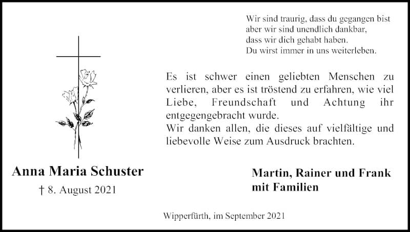  Traueranzeige für Anna Maria Schuster vom 25.09.2021 aus Kölner Stadt-Anzeiger / Kölnische Rundschau / Express