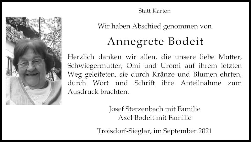  Traueranzeige für Annegrete Bodeit vom 25.09.2021 aus Kölner Stadt-Anzeiger / Kölnische Rundschau / Express