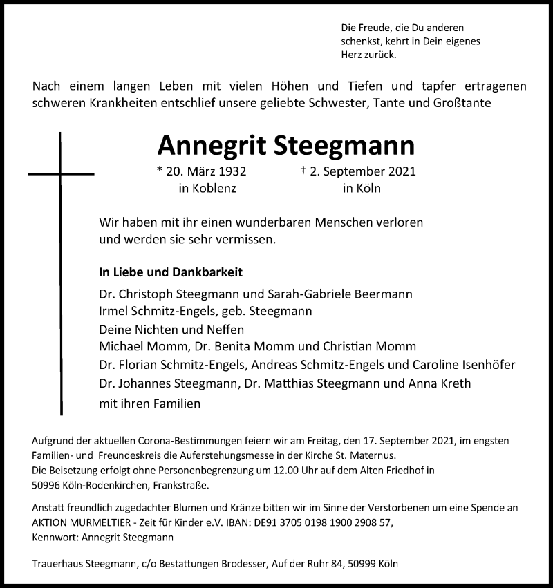  Traueranzeige für Annegrit Steegmann vom 11.09.2021 aus Kölner Stadt-Anzeiger / Kölnische Rundschau / Express