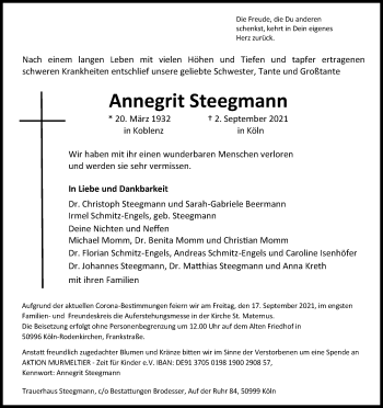 Anzeige von Annegrit Steegmann von Kölner Stadt-Anzeiger / Kölnische Rundschau / Express