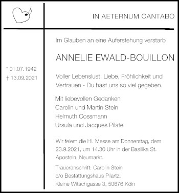 Anzeige von Annelie Ewald-Bouillon von Kölner Stadt-Anzeiger / Kölnische Rundschau / Express