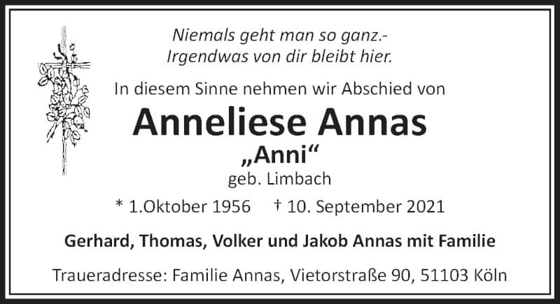  Traueranzeige für Anneliese Annas vom 17.09.2021 aus  Wochenende 