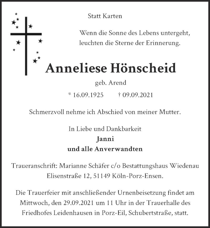  Traueranzeige für Anneliese Hönscheid vom 17.09.2021 aus  Kölner Wochenspiegel 